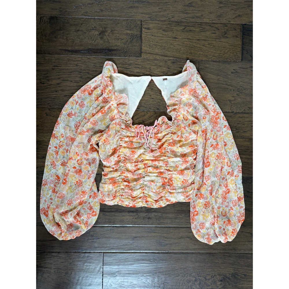Free People Floral Ruched Blouse with Puff Sleeves Size Large Boho